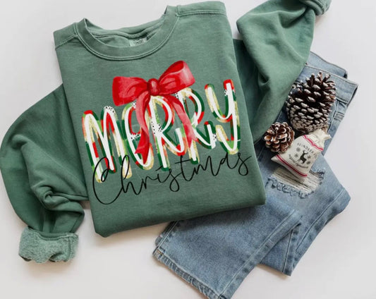 Merry Christmas Bow Sweatshirt – Festive Candy Cane Edition